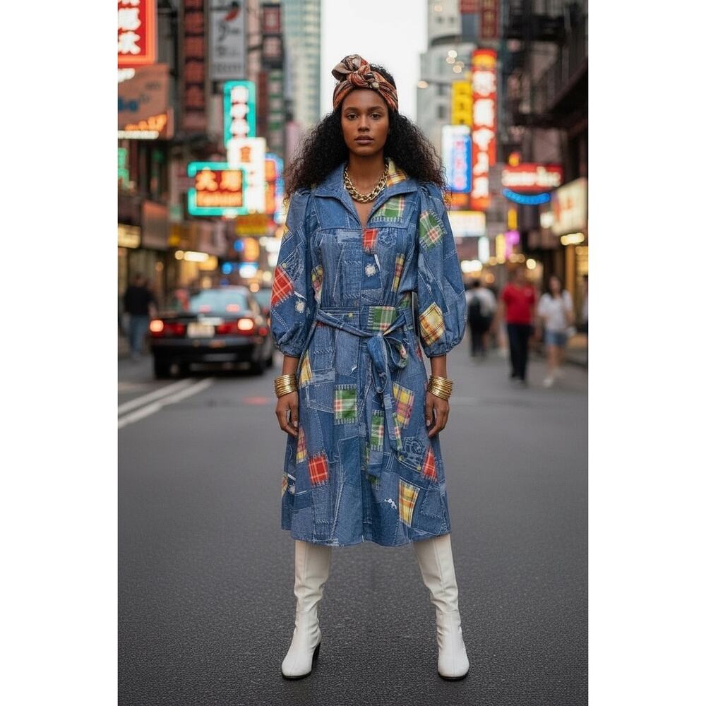 Vintage 70s Faux Denim Patchwork Print Dress Funky Handmade M